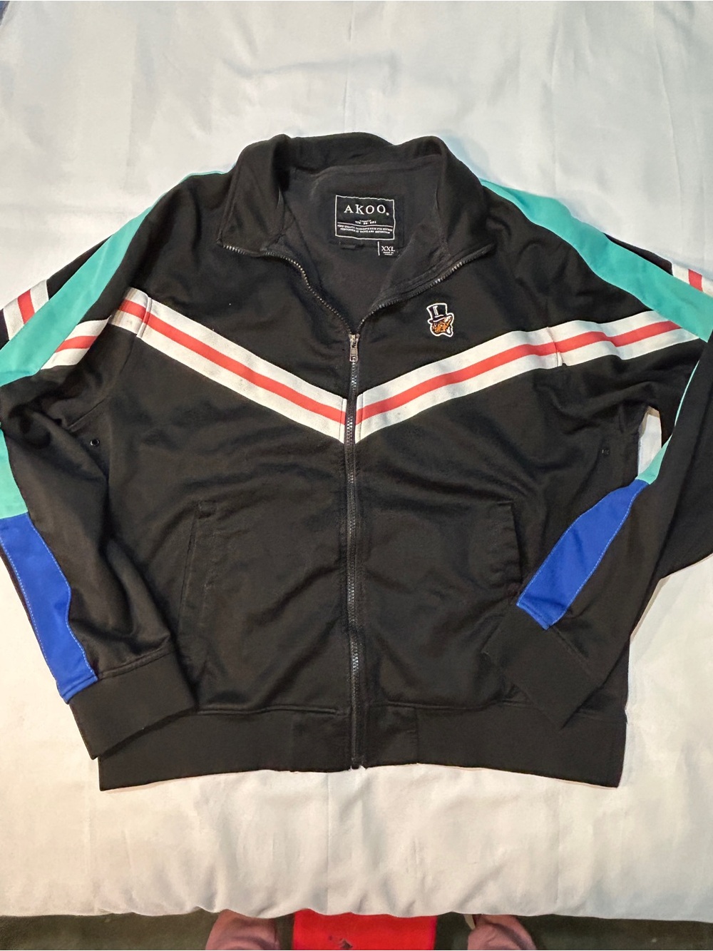 AKOO Men's Black Blue Striped Full Zip Track Jacket Stand-Up Collar Size XXL